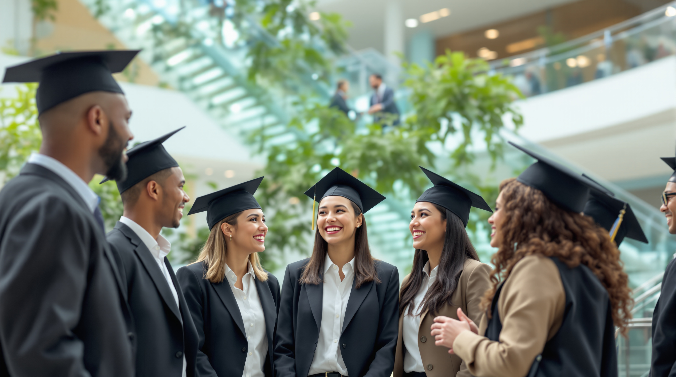 Diverse young professionals talking in a bright modern international-organization atrium