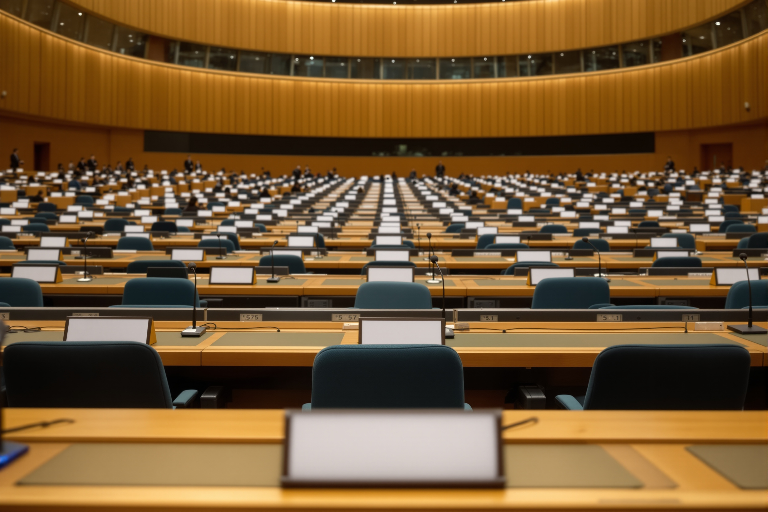 Rows of delegate desks with microphones in an international conference chamber