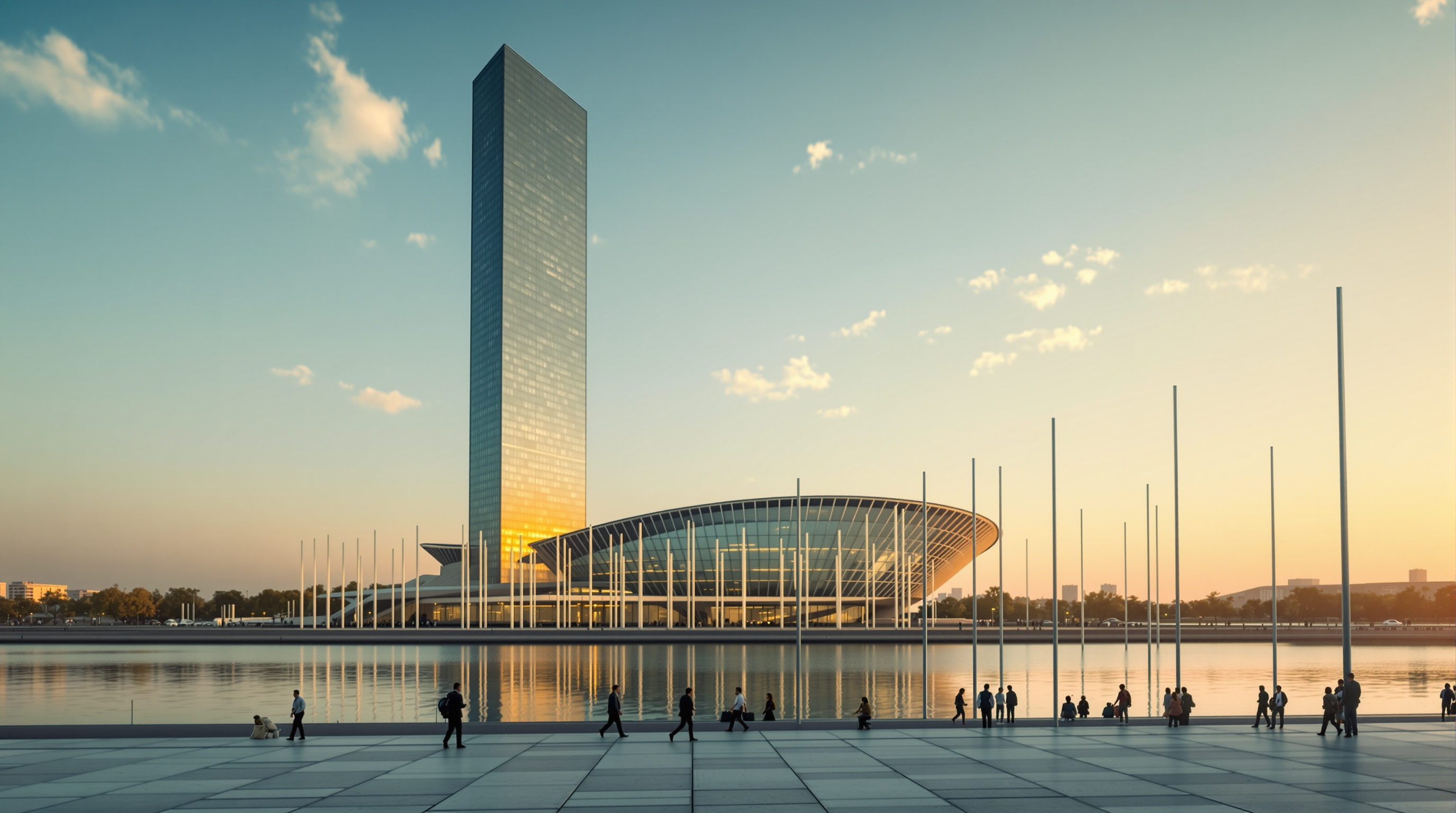 A modernist international-organization headquarters district beside a river at golden hour