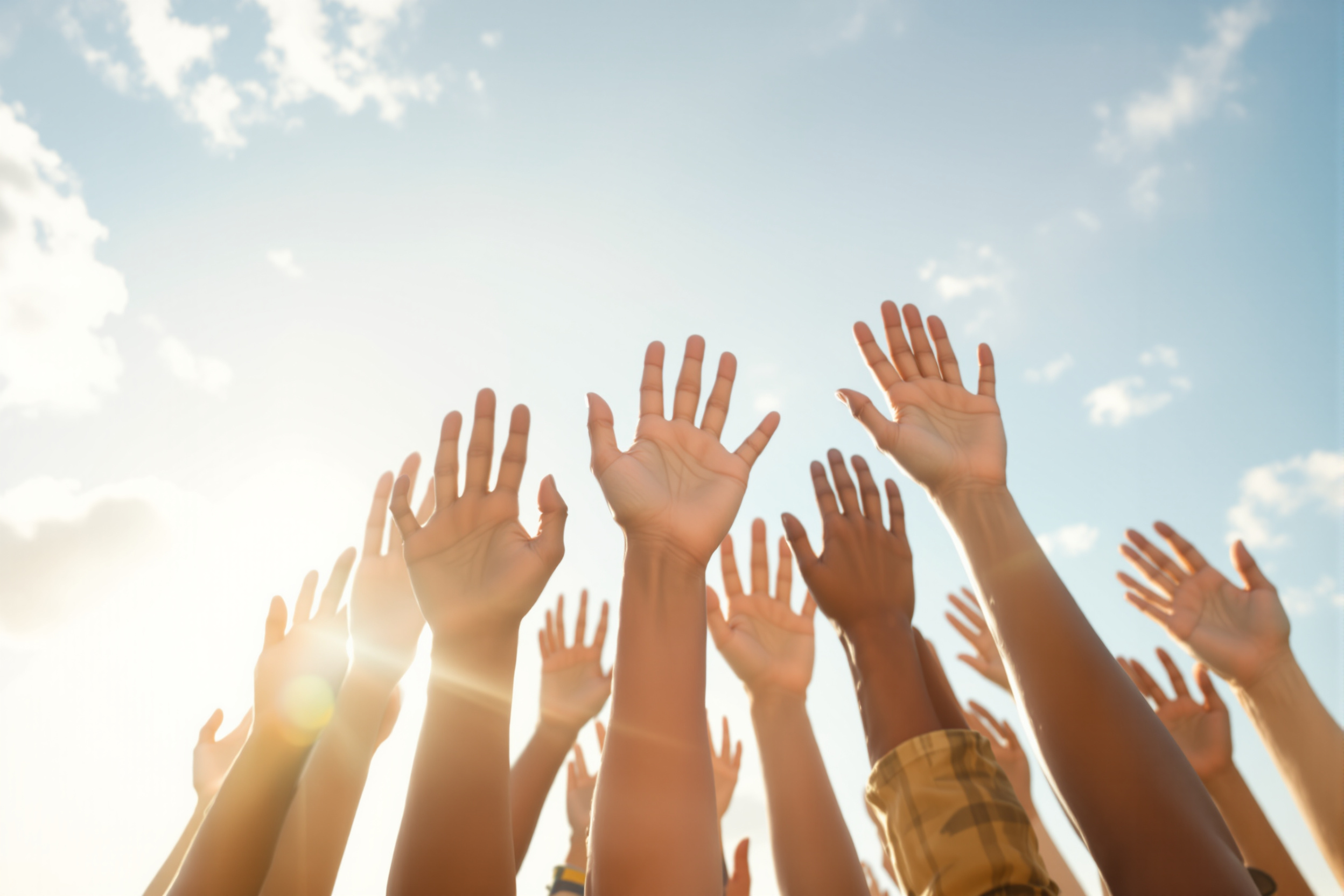 Many diverse hands raised together toward a bright sky