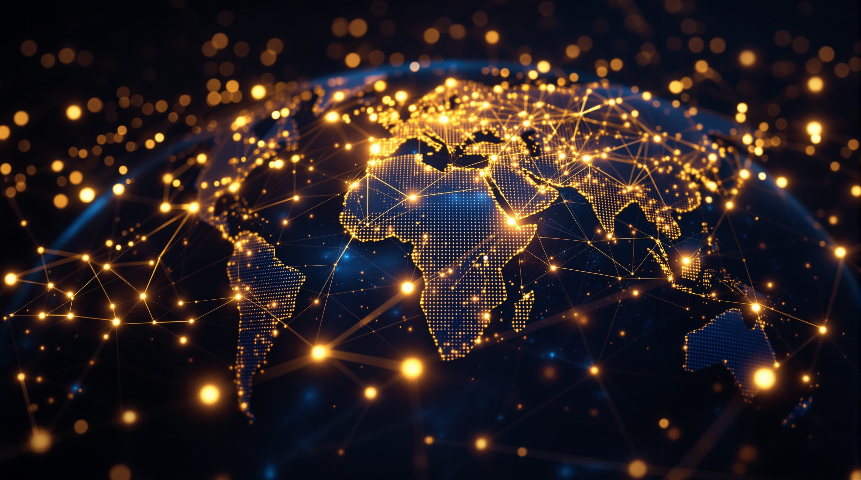 A glowing network of connected points of light wrapping around a globe