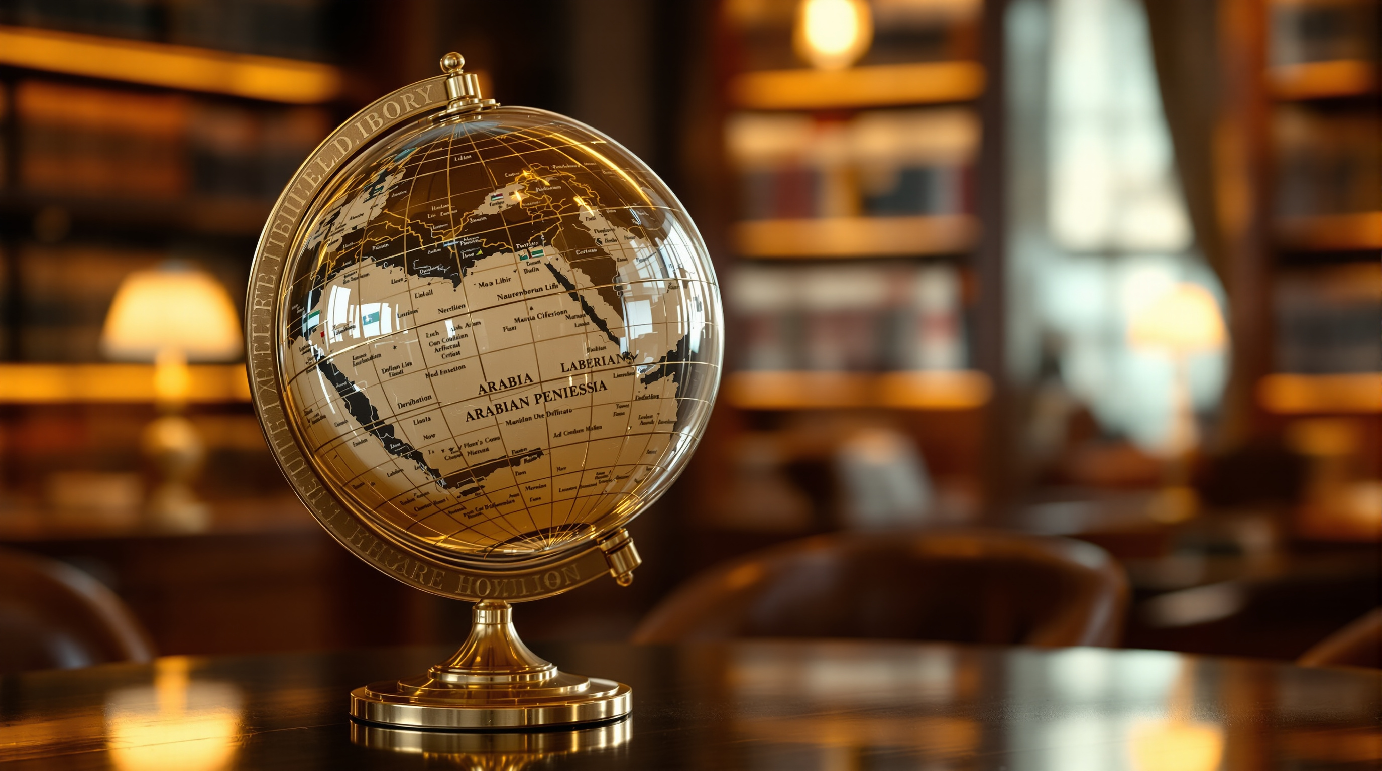 A brass globe on a polished table in a softly lit library, turned to show the Arabian Peninsula