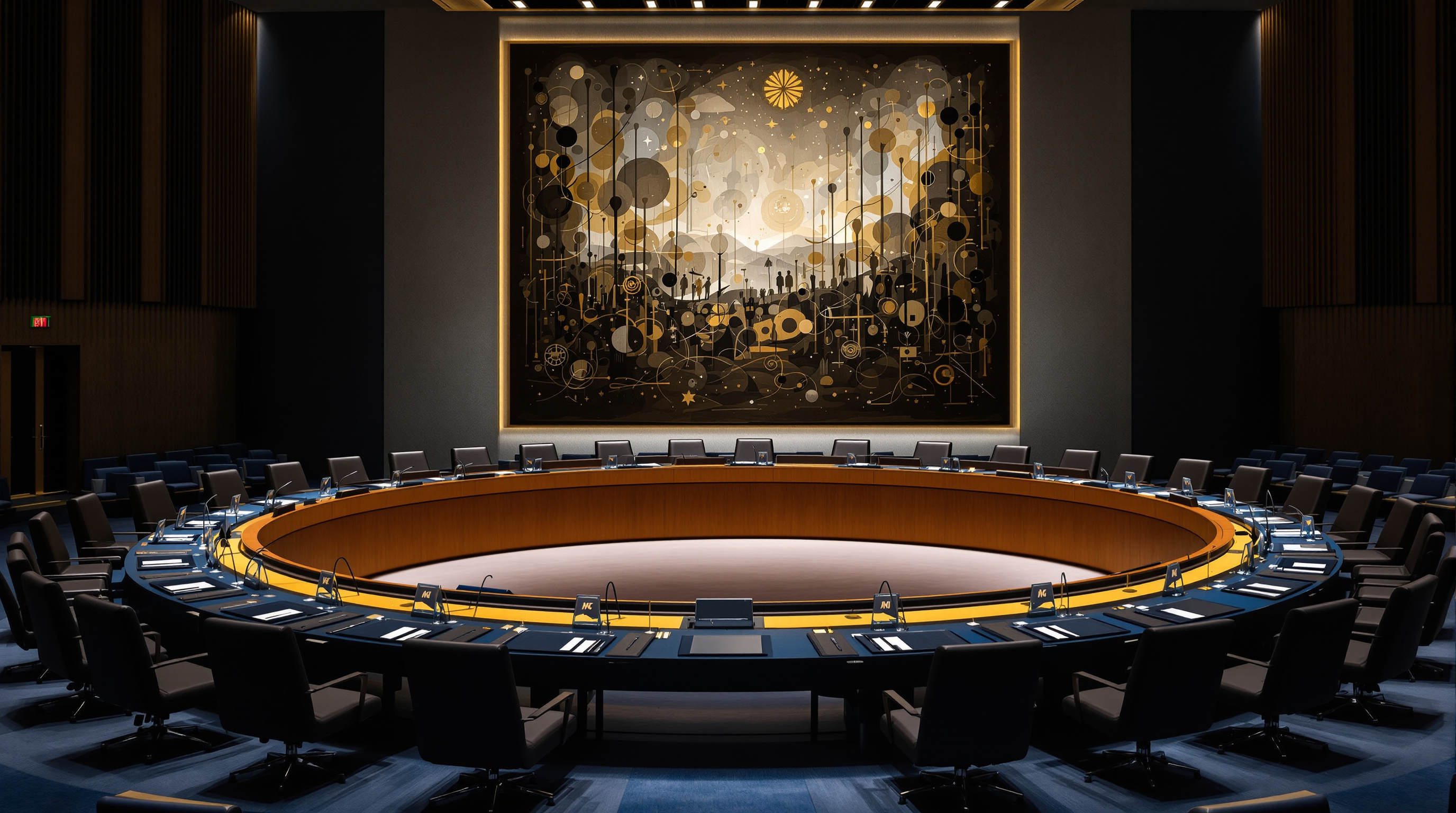 A horseshoe-shaped council table in a formal international meeting chamber