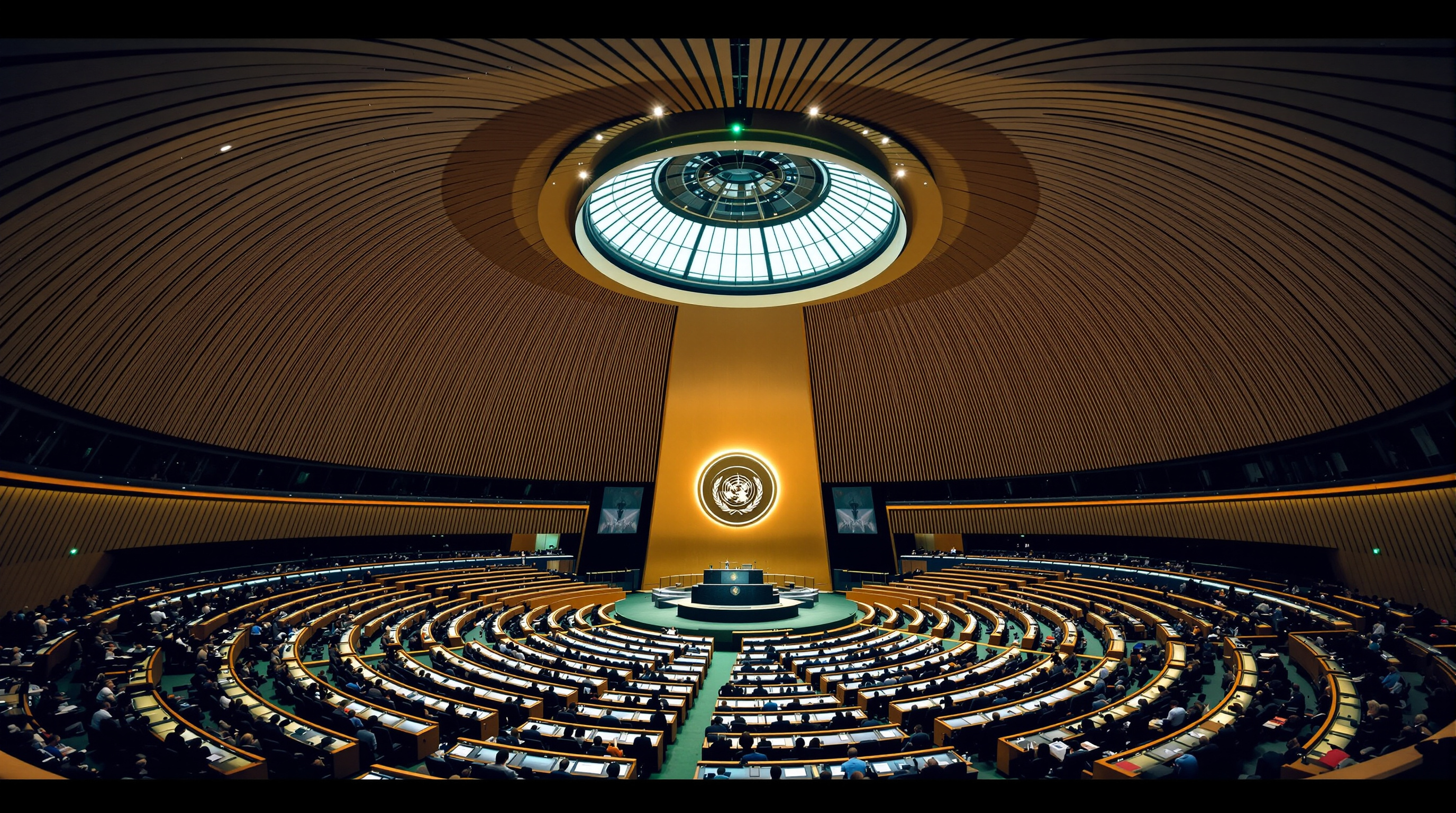 The interior of a large circular international assembly hall